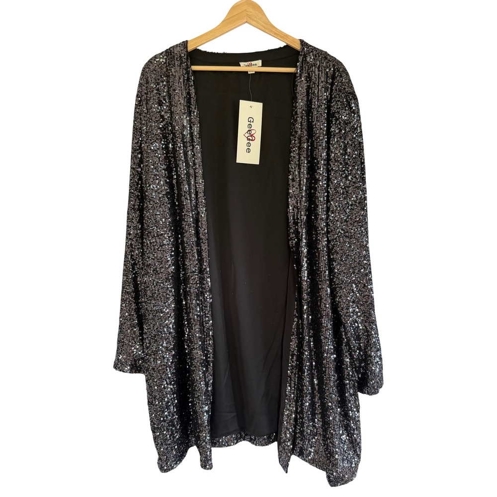 GeeGee Womens 2XL Black Sequin Open Front Cardigan Long Sleeve Jacket SC1578PL